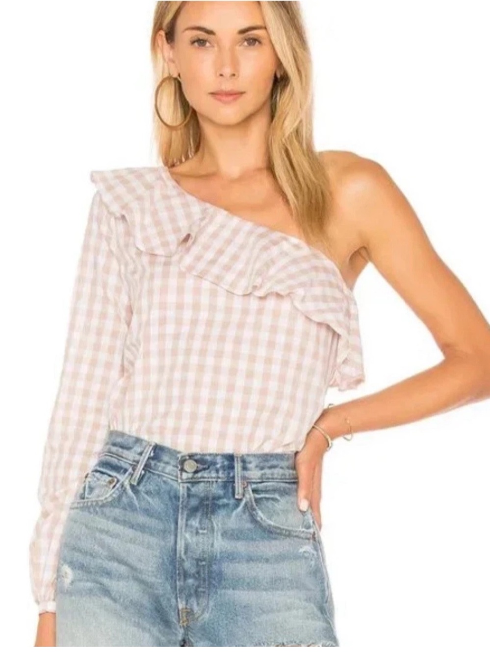 NWT L' Academie Gingham Check Asymmetrical One Sleeve Blouse Size Large Taupe D3